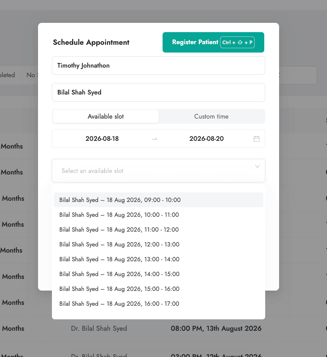 Create Appointment form with the available-slot picker