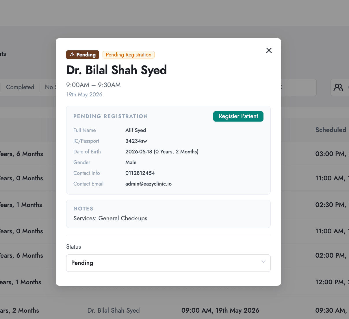 Pending guest appointment awaiting registration