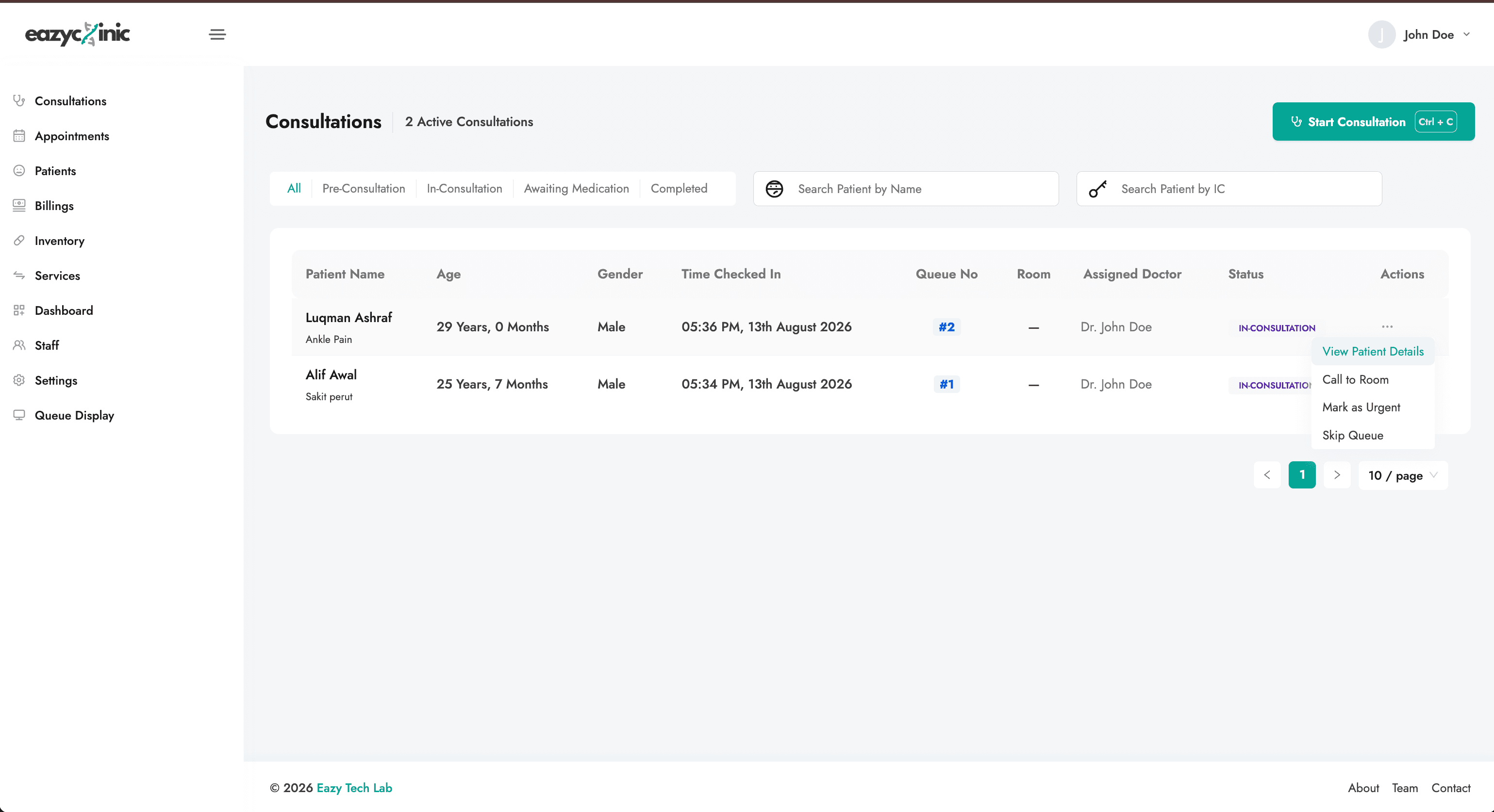 Consultations list with the actions menu open