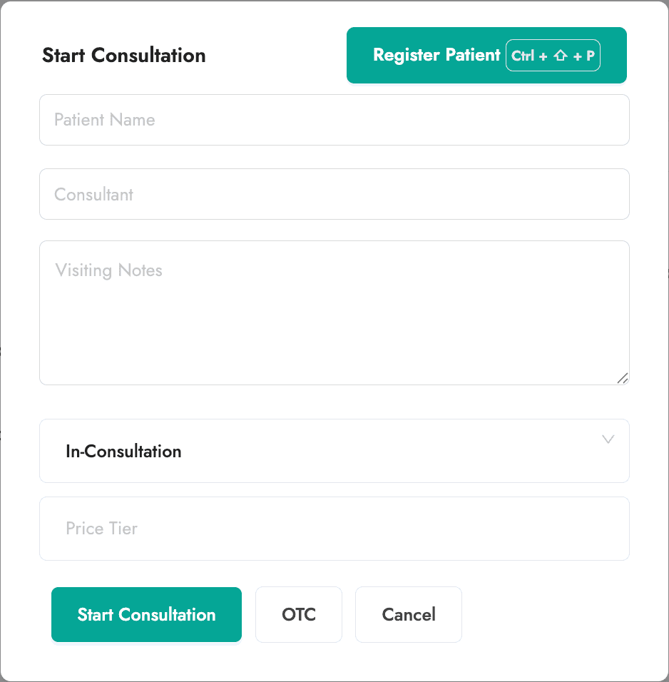 New Consultation form with patient search results