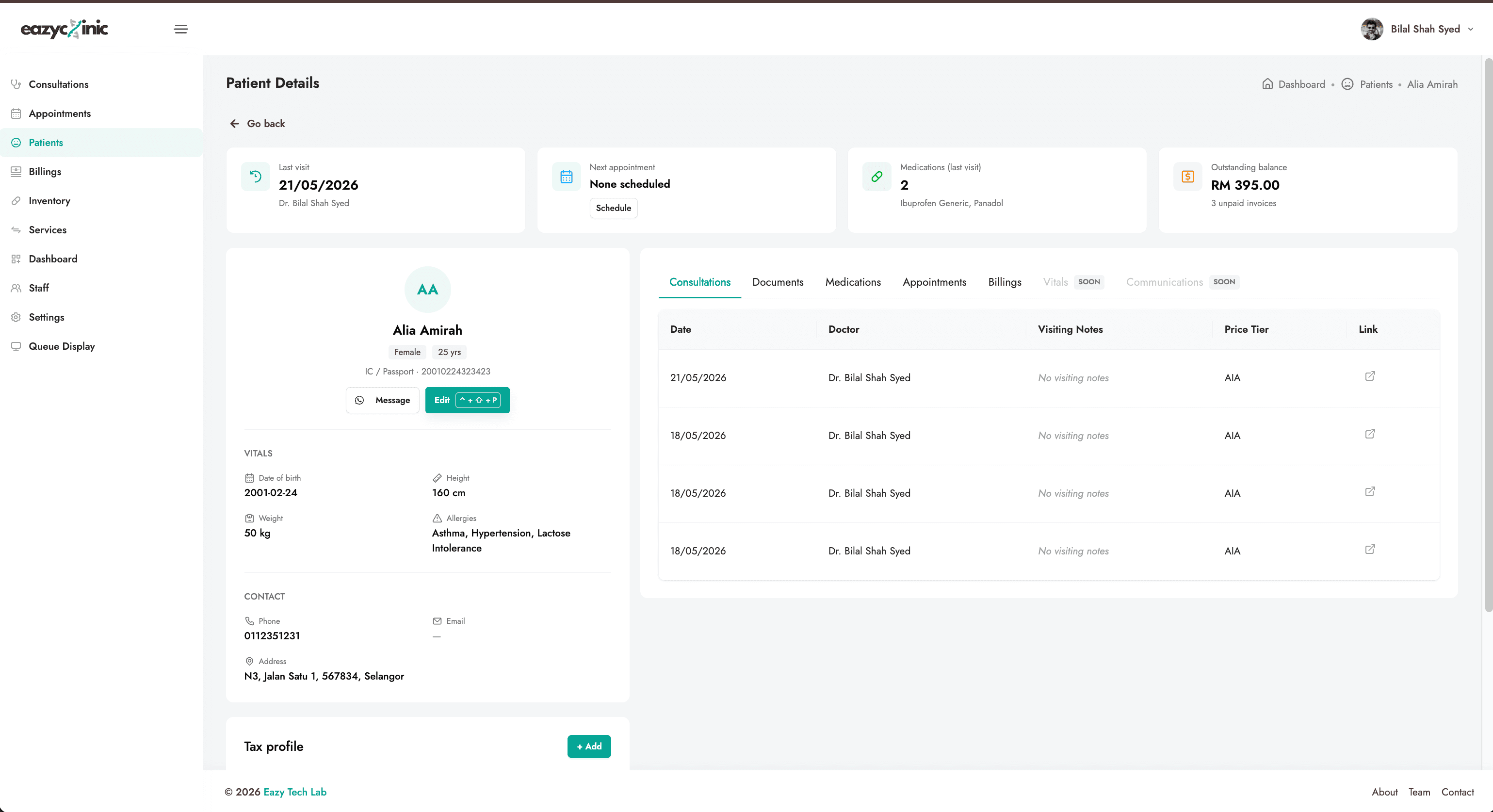 Patient profile with history tabs