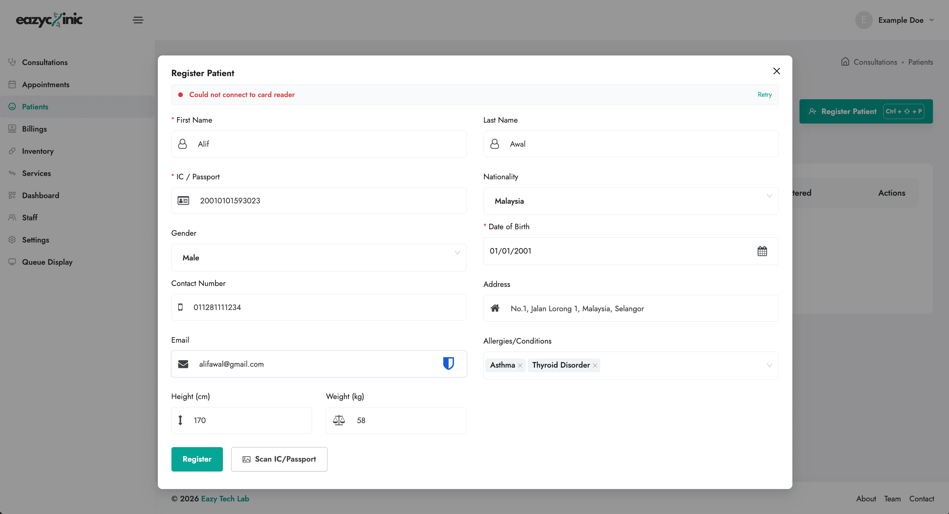 Patient registration form
