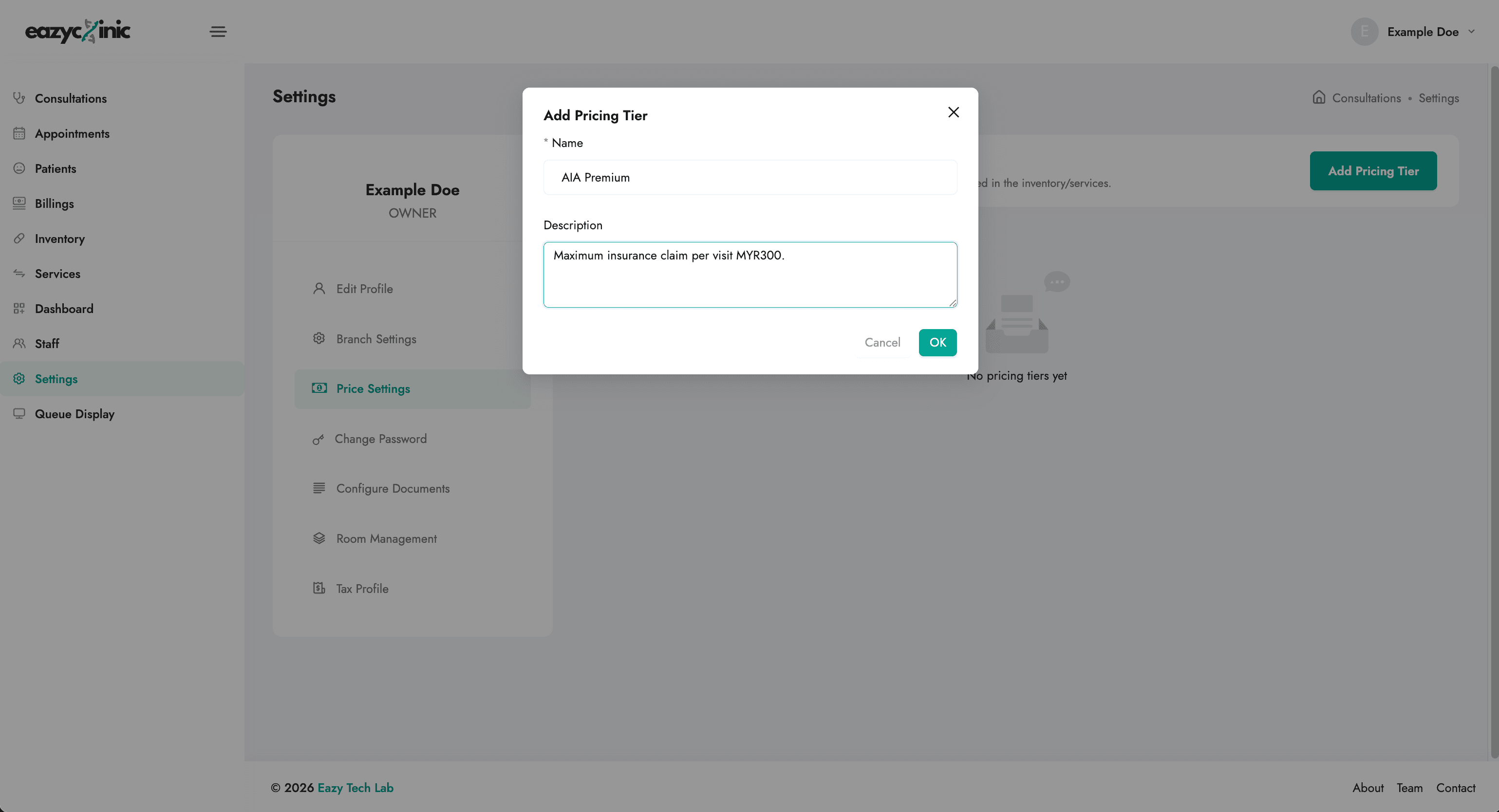 Pricing Tiers page with the Add Pricing Tier dialog