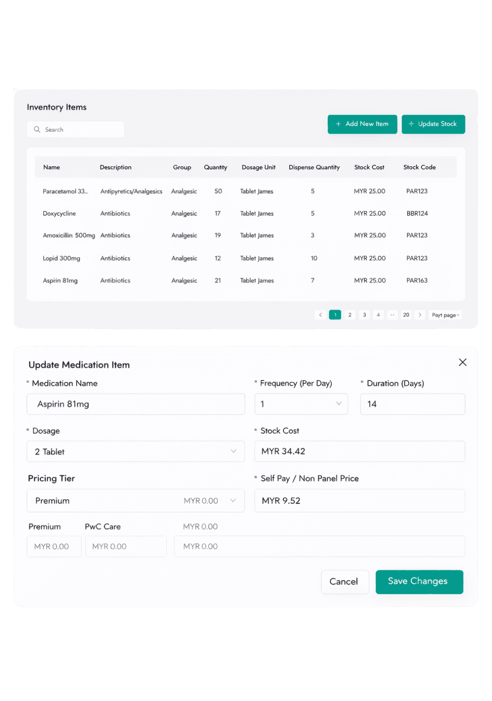 EazyClinic inventory dashboard with real-time stock levels