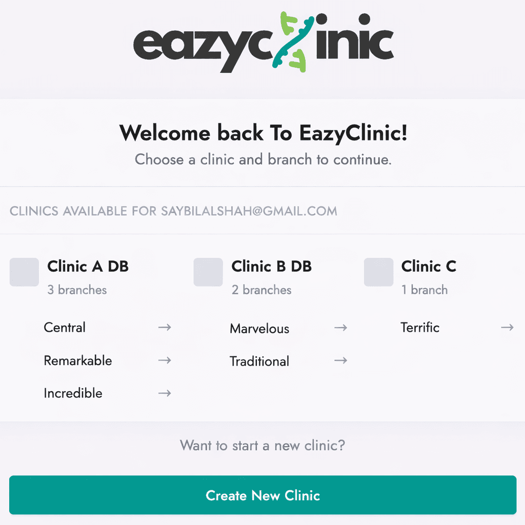 EazyClinic multi-branch switching interface