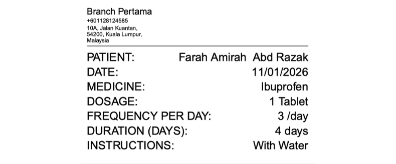 A medicine label printed from EazyClinic, with medication name, dosage instructions, and patient details auto-filled from the consultation